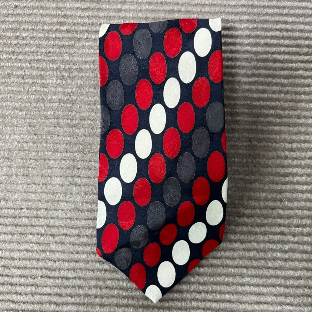 Fratelli Mens Silk Tie Red White Blue Geometric Oval Polka Dot Hand Made Italy